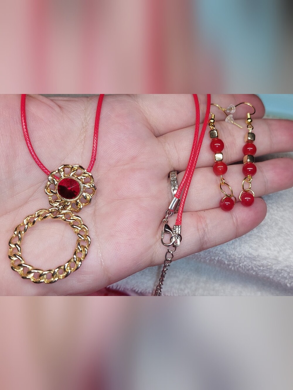 Handmade Gold-Tone Red Pendant Necklace and Earrings Set